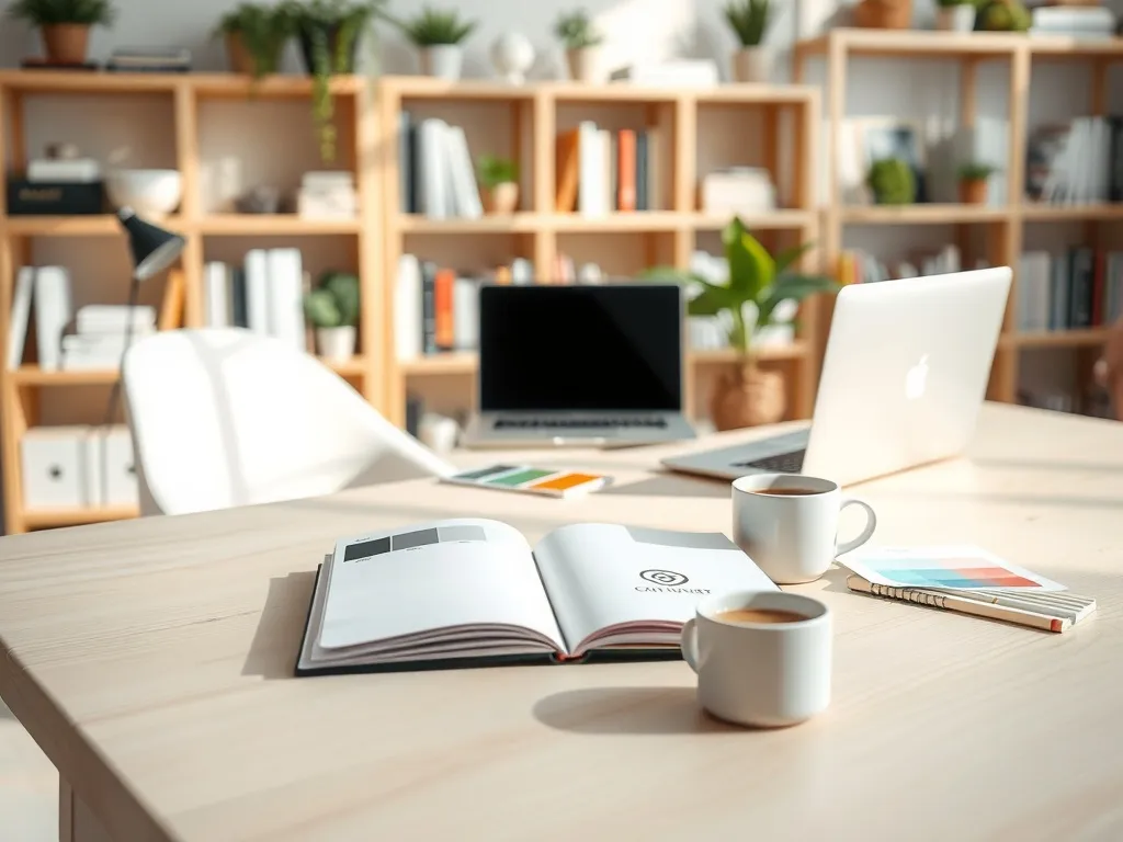 Minimalistyczne biurko projektanta z notatnikiem, próbkami kolorów i szkicami logo, ilustrujące proces tworzenia identyfikacji marki