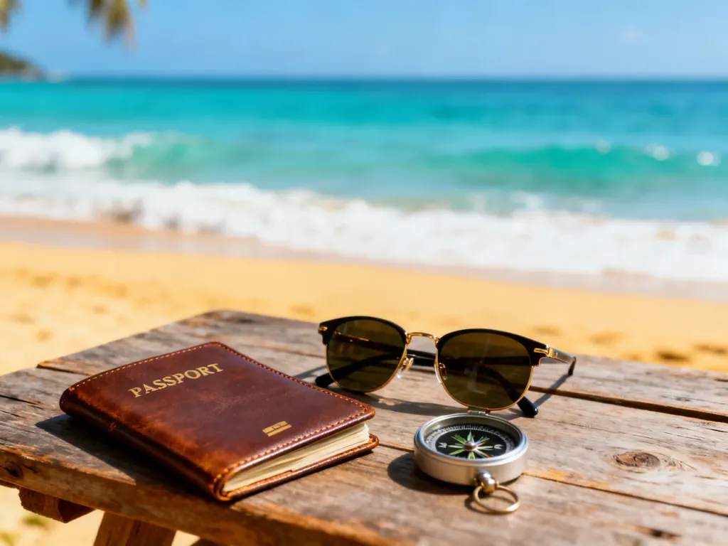 Paszport, kompas i okulary przeciwsłoneczne na drewnianym stole na tle egzotycznej plaży, symbolizujące planowanie podróży.