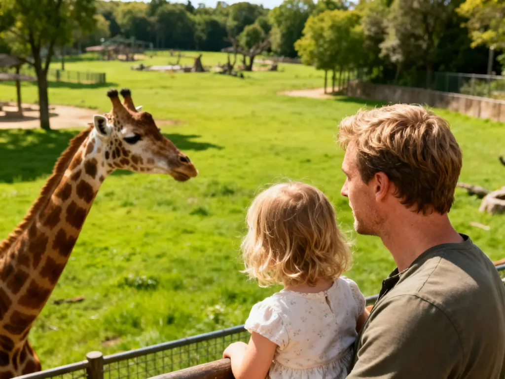 Ojciec z córką z zaciekawieniem obserwują żyrafę na wybiegu w krakowskim ogrodzie zoologicznym.