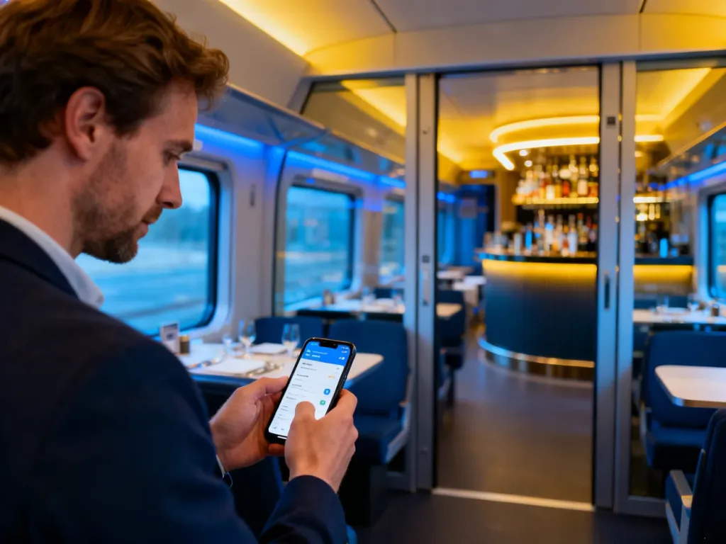 Pasażer sprawdza w telefonie dostępność wagonu restauracyjnego Wars w nowoczesnym pociągu.