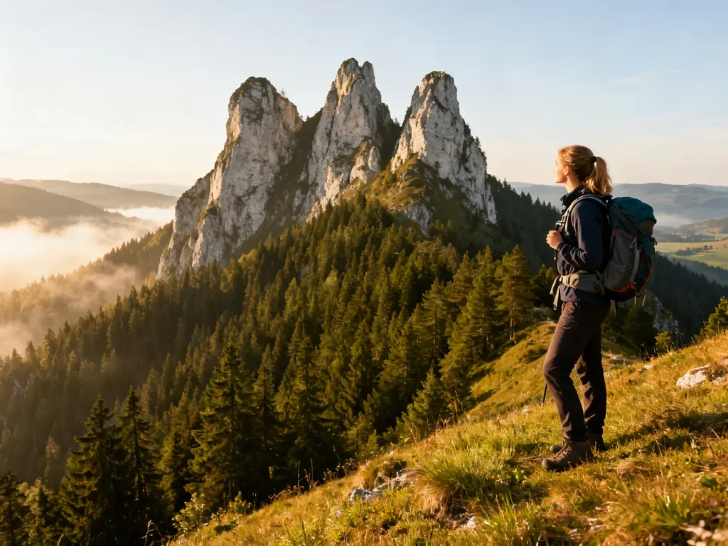 Turystka w stroju trekkingowym podziwia szczyt Trzech Koron w Pieninach w promieniach porannego słońca.
