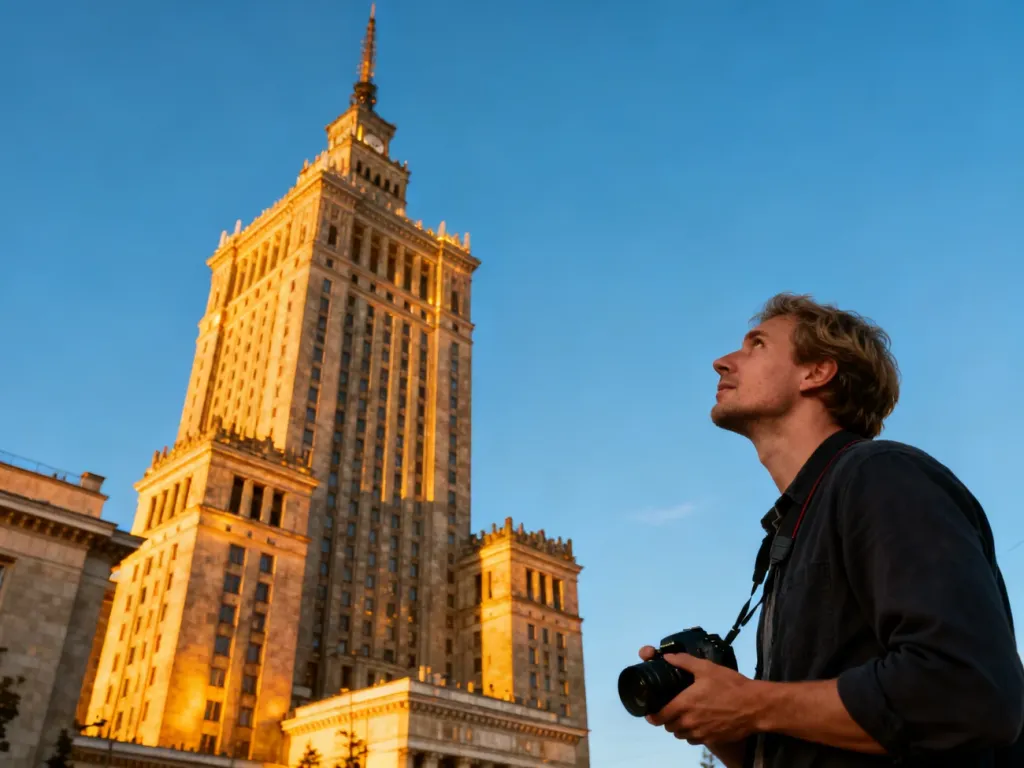 Mężczyzna z aparatem podziwia oświetlony złotym światłem Pałac Kultury i Nauki w Warszawie podczas zachodu słońca.